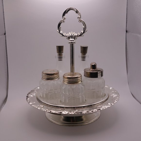 Vintage Hugo Silver Plated EP On Steel Hong Kong Spinning Cruet Set with Caddy - Picture 1 of 16
